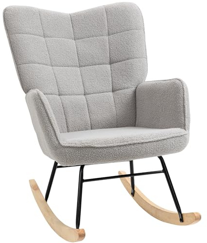 HOMCOM Fauteuil à Bascule, Rocking Chair, revêtement Bouclette, Chaise à Bascule, Structure en Acier, Pieds en Bois Massif, Gris Clair