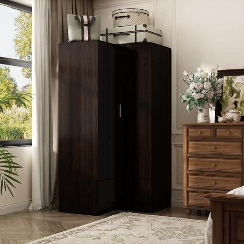 FUNISIR Corner Wardrobe with 2 Drawers, Bedroom Wardrobe with 2 Wood Doors, Wood Armoire Closet with Hanging Rod, Shelves for Storage Organize, Wood Grain (35.4 W x 35.4 D x 70.9 H)
