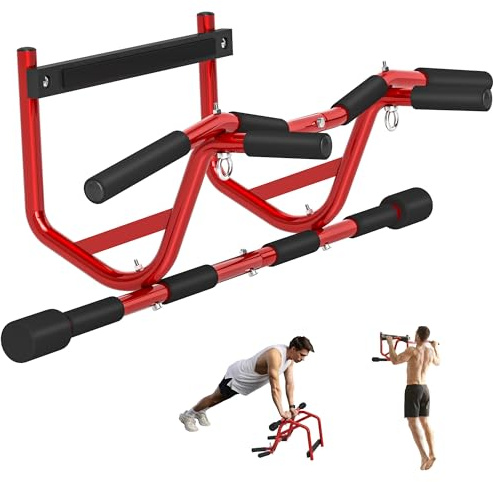 SPORTNOW Barra de Dominadas Multifuncional Barra de Dominadas de Pared con Mangos Antideslizantes Carga 150 kg para Ejercicio y Entrenamiento en Casa Gimnasio Rojo y Negro