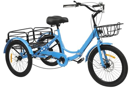 OUKANING Trehjuling för vuxna 20 tum 7 växlar – 3 hjul cykel med inköpskorg upp till 130 kg kan belastas höjd justerbar vuxen trehjuling tricycle för vuxna och äldre (blå)