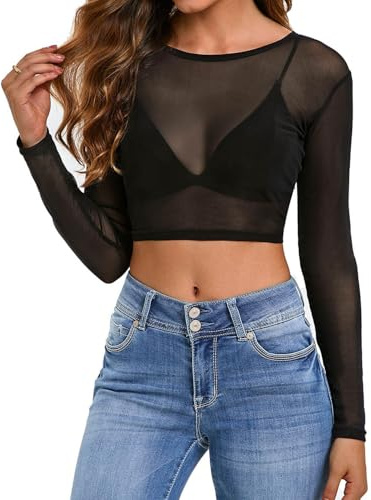BARRU Top da Donna Camicie Sexy A Maniche Lunghe Top A Rete - Nero/S