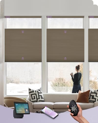 Graywind Smart Top Down Bottom Up Cellular Blinds Compatible with Alexa Google, Customized Blackout Motorized Pleated Shades for Windows, Solar Powered Electric TDBU Honeycomb Blinds, Brown