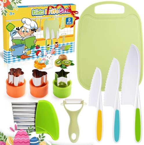 Couteaux pour Enfants,9 pièces,dès 2 Ans,Coffret de Couteaux de Cuisine de Chef avec Coupe-légumes,idéal pour Noël ou Un Anniversaire (Vert)