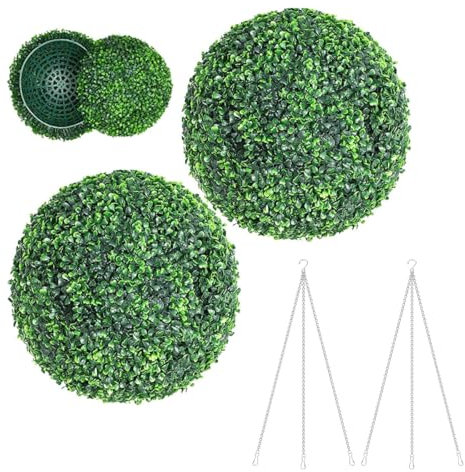 Parkland® Pack of 2 Topiary Balls 28cm - Artificial Plant Boxwood Sphere, UV Protected, No Maintenance Ever Green Fake Leaf, Easy to Assemble Hanging Balls for Patio, Garden, Indoor & Outdoor - Green