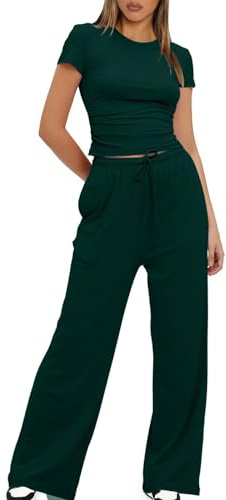 Conjunto de 2 piezas para mujer, chándal casual de verano, tops cortos de manga corta y pantalones de pierna ancha con cintura alta elástica y cordón, chándal para yoga y jogging, ropa de estar por