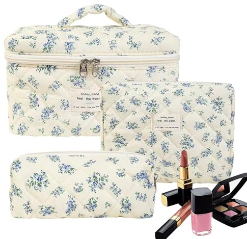 Set di borse per il trucco floreale - Borsa da toilette floreale, borsa da toilette per cosmetici in 3 pezzi | Carino beauty case in cotone con motivo floreale, C, Consulte la descripción, Vedere la