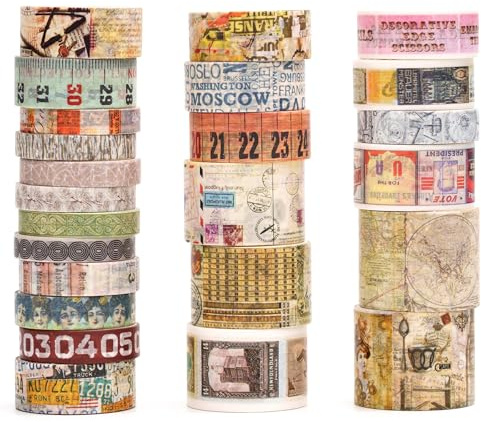 Songdao Retro Washi tejpset, 24 rullar dekorativa antika maskeringstejp vintage tejp färgglada för konst, gör-det-själv-hantverk, dagbok, planerare, scrapbook, förpackning (2 vintage journey)
