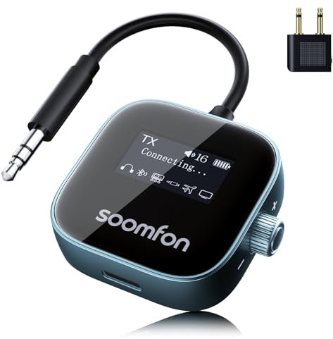 SOOMFON 2 in 1 Trasmettitore e ricevitore Bluetooth 5.3, Adattatore Audio Bluetooth AUX Jack da 3,5 mm con display, supporta la connessione di 2 Cuffie, adatto per TV, Aereo, Auto e Impianto Stereo