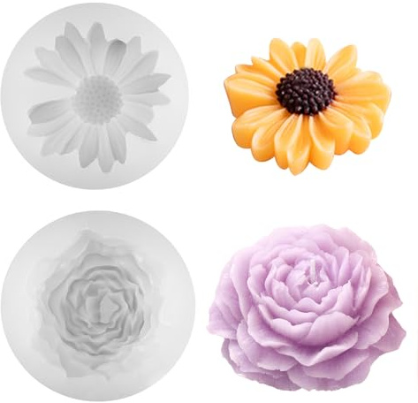 2 stycken gjutformar silikonblommor, pionljus gjutformar, tusensköna ljus silikonformar, 70 x 70 x 25 mm silikonformar blomma, ljusform silikon blommor silikonform, för fondant, gips, sojavax