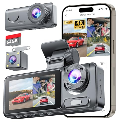 4K Dashcam Voiture Avant Arrière, Camera Voiture avec Carte SD 64G, Grand Angle 170° Dashcam avec G-Capteur, Vision Nocturne, Enregistrement en Boucle, Mode Stationnement 24H