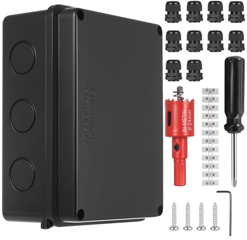 Caja Estanca Exterior Electrica, Caja de Conexiones Electricas Impermeable IP65 Negra, Caja de Cables Eléctrica Impermeable IP65 de Superficie ABS Alimentación Eléctrica