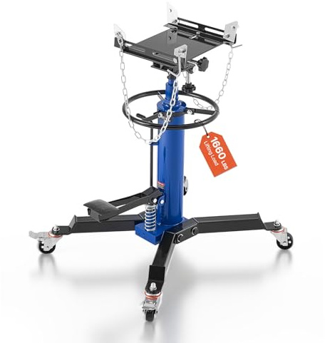 VEVOR Hydraulic Transmission Jack, 1660 lbs Capacity Hydraulic Telescopic Transmission Jack, 34.6-69.3 in High Lifting Height, 2-Stage Floor Jack Stand with Foot Pedal, 360° Swivel Wheel, Blue
