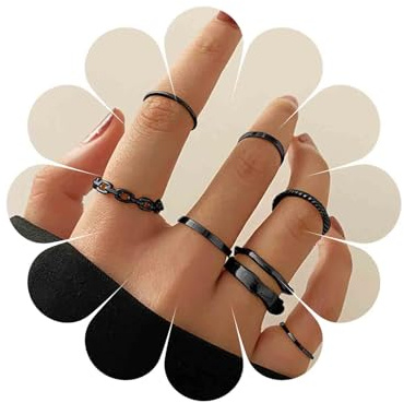 Asdinbrettan Ensemble de bagues empilables or/argent/noir pour femme, ensemble de bagues minimalistes délicates avec chaîne et motifs torsadés, bagues tendance en acier inoxydable plaqué