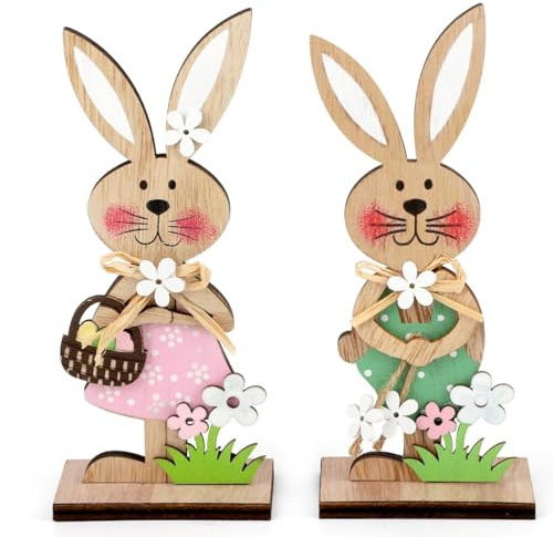 Luxorium Set 2 Coniglietti di Legno Decorativi per Pasqua - Decorazione da Tavolo, Davanzale e Interni