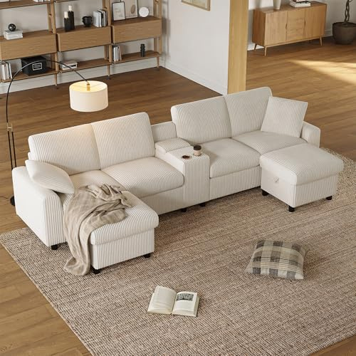 Yihomfy 315 cm Canapé d'angle Modulable en Forme de U pour Salon, Canapé d'angle en Velours côtelé, Grand Canapé 6 Places avec 2 Repose-Pieds avec Rangement, Console Centrale,2 Porte-gobelets,Beige