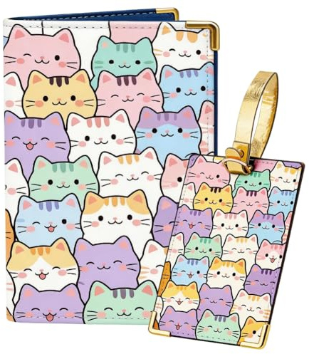 PRESSINART Porta Pasaporte con Diseño de Gato Y Etiqueta de Equipaje para Hombres Y Mujeres Esenciales de Viaje Funda de Pasaporte de Cuero con Lindo Patrón de Dibujos Animados Billetera de Viaje