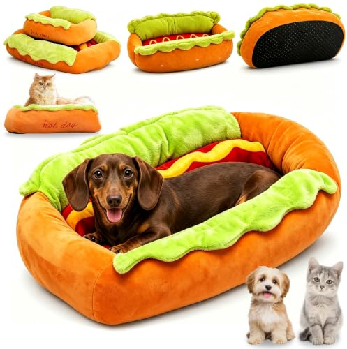 Liocwocne Hot Dog Dog Bed for Dachshund, Soft Plush Hotdog Bun Pet Lounger, Warm Cozy Cave Cushion with Removable Washable Mat & Non-Slip Bottom for Small Medium Dogs and Cats (M)