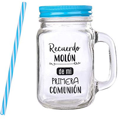 Jarras de Cristal con Caña RECUERDO MOLÓN COLOR AZUL - Jarras Frases para Detalles Bodas y Comuniones