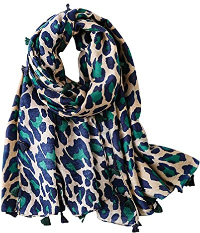 FAIRYGATE Tassel Scarf Animal Print Scarfs for Women Ladies Large Oversize Scarves Soft Leopard Fashion Everyday Green Shawl Wraps 19228