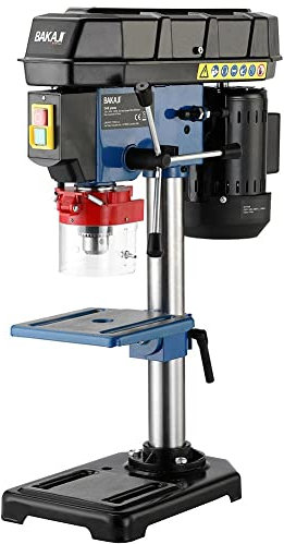 Bakaji Taladro eléctrico a columna de banco Potencia 350 W Velocidad 1450 rpm regulable con portabrocas 13 mm Tope de profundidad y superficie perforada ajustables con orificios de fijación