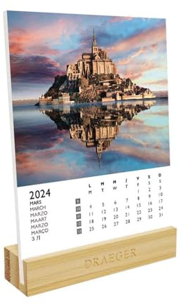 Draeger Paris | kalender på stativ Frankrike 2024 | 12 x 16,5 cm | år 2024 | 7 språk | månatlig kontorskalender | bambubas | FSC-certifierat papper | vegetabiliskt bläck