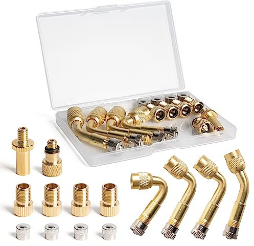 SPDYCESS 14 Stück Reifenventilverlängerung, Fahrradventil Adapter DV SV AV, 45/90/135 Grad Ventil Verlängerung Kupfer Ventiladapter, Metall Ventilkappen für Auto Motorrad