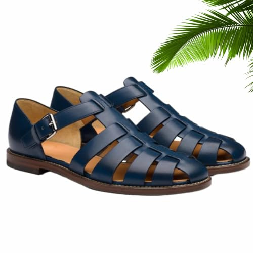 WINDEHAO Sandales romaines pour homme - Coupe large - En cuir - Mules de marche - Sandales romaines à bout fermé - Sandales d'été de pêcheur