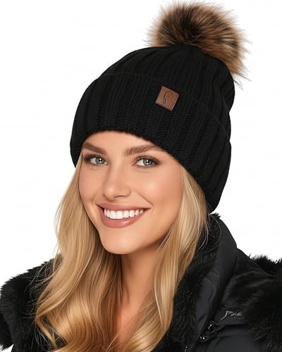 Baesics Bonnet tricoté avec pompon pour femmes & hommes – chaude casquette d'hiver unisexe avec doublure en polaire & pompon en fausse fourrure taille unique – Style beanie, Noir , taille unique