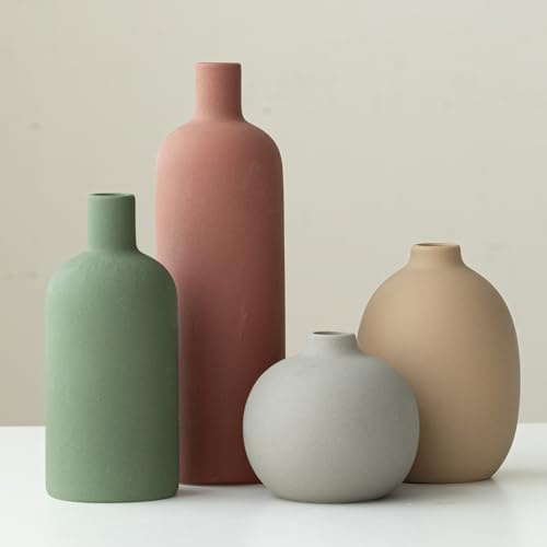 Conjunto de jarrones modernos, 4 piezas, cerámica, colores Morandi, decoración minimalista de mesa (mezcla verde)