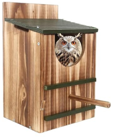 Casas de búho para exteriores, 14.5 x 12 x 8.6 pulgadas, refugio de madera impermeable | Casas de pájaros carbonizadas para exteriores | Para ardillas, pájaros, palomas, jardín, ventana, hogar, porche