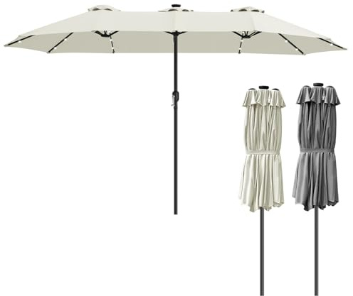 Vkechh Balkongskärm, trädgårdsparaply med vev, utan stativ, UV-skydd 50+, vindsäkert vevparaply, solskydd för balkong, trädgård, antracit, beige, Beige med LED, 394 x 210CM