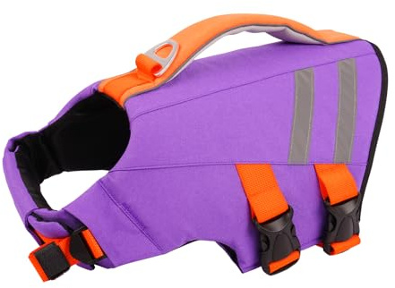 Hjyokuso Dog Life Jacket Large, Reflective Dog Life Vest for Swimming, Adjustable Dog Buoyancy Aid with Rescue Handle, Lightweight Dog Float Jacket for Large Dogs Purple 2XL