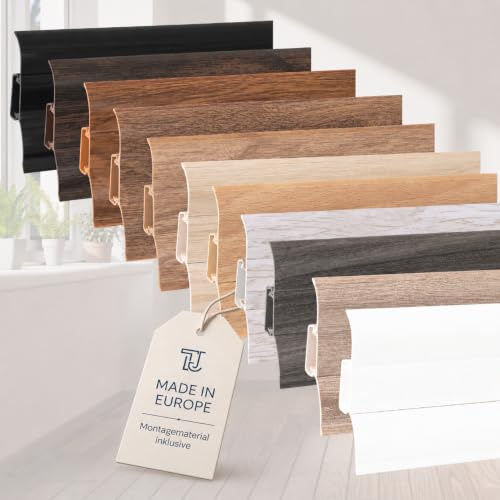 TJ Sockelleisten mit Kabelkanal [Oak | Länge 10 m] PVC Fußleisten Bodenleisten aus robustem Kunststoff in Holzdesign | mit Weichlippen | einfache Montage