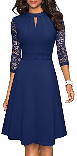 HOMEYEE Vestido de cóctel plisado con manga de encaje ahuecado para mujer A234 (XL, Azul Marino)