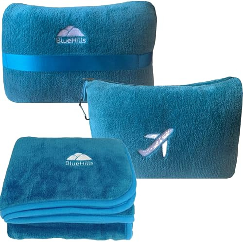 BlueHills Travel Blanket Pillow in Mini Soft Case Premium Plush Airplane Blanket in Soft Bag Compact Pack with Luggage Belt and Backpack Clip - Teal Blue M03