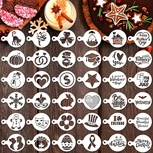 Honeydak 36 Pcs Seasonal Cookie Cake Stencils Set Reusable Baking Stencils DIY Coffee Drawing Templates Cupcake Dessert Decorating Baking Painting Tools for Fall Birthday Dessert Cupcake