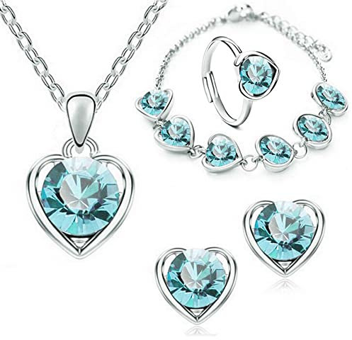 TOFBS 4 Stück Herz Kristall Schmuck Set Anhänger Halskette Armband Ohrringe und Ringe Set für Frauen Mädchen Brautschmuck Set Schmuckset (Meeresblau)