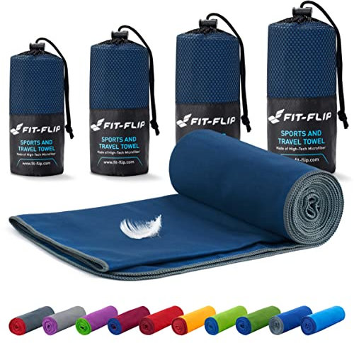 Fit-Flip Mikrofaser Handtuch - kompakt, leicht und schnelltrocknend - Microfaser Handtücher - als Reisehandtuch, Sporthandtuch, Strandtuch und Badetuch groß (50x110cm, Marineblau - Grau)