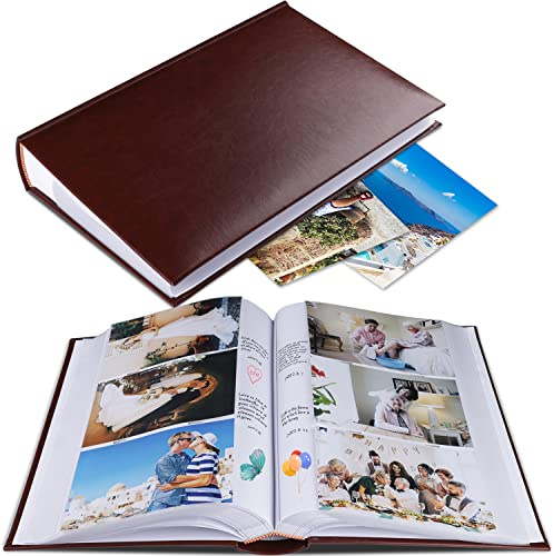 1DOT2 Photo Album 4x6 Photos Hold 402 Pockets with Memo Slip-in Pockets Photo Book, Leather Cover Picture Albums with Writing Space for Wedding Anniversary Family Baby Vacation Mother's Day-RedBrown