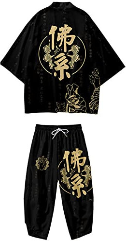 DOSLAVIDA Ensemble de veste kimono japonais pour homme - Élégant manteau ouvert sur le devant avec short - Style chinois imprimé, Pantalon - noir 38, Small