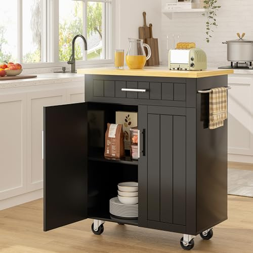 SUNLEI Kitchen Island Cart on Wheels with Storage Cabinet & Drawer, 26 Width Rolling Kitchen Table, Cart Handle for Towel Rack or Free Mobility, Kitchen Cart, Dining Room(Black)