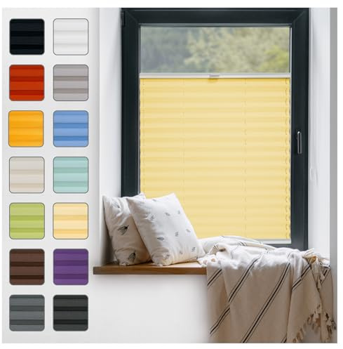 Fenster Plissee ohne Bohren zum Kleben Innenrahmen - Thermo Plisseerollo Innen - Rollo Jalousie, Halterungen auf Rahmen, Faltrollo, Sichtschutz, Blickdicht, für Fenster & Tür - Gelb, 120 x 120 cm