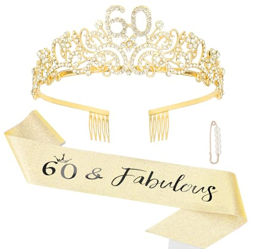 Exipsat Écharpe pour couronne d'anniversaire 60e anniversaire - 3 écharpes dorées - Décoration d'anniversaire à paillettes dorées pour femme
