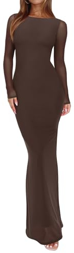 REORIA Women's Spring Mesh Sheer Long Sleeve Wedding Guest Dress Sexy Floral Bodycon Maxi Long Dresses Shaved Chocolate Small