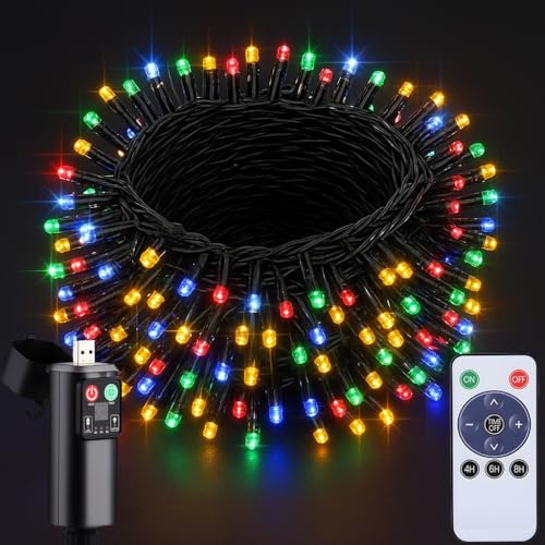 Luci Albero di Natale a Batteria - USB Ricaricabile 15M 150LED Colorate Luci Esterno Natal Catene Luminose con Telecomando 8 Modalità Impermeabile Catena Luminosa Esterno Natalizia per Giardino Balkon