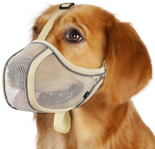 Mayerzon Dog Muzzle to Prevent Biting Scavenging Chewing, Soft Mesh Puppy Muzzles for Medium Large Sized Dogs, Breathable, Reflective, Adjustable Mouth Guard for Grooming Walking Training (M, Khaki)