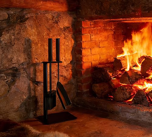 Calidola Set di 2 attrezzi compatti per camino, scopa e pala con supporto, altezza 35,5 cm, in acciaio verniciato a polvere nera, design salvaspazio per piccoli caminetti