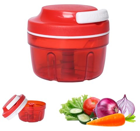 Pumwoy Tritatutto Manuale 300ml, Trita Verdure Manuale con Tirante a Corda con 3 Lame in Acciaio Inox, Trita Cipolla Frullatore per Verdure, Carne, Frutta (Rosso)