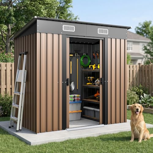 PMEIXU 6X3.7FT Outdoor Storage Shed, Metal Garden Tool Shed with Lockable Doors and Sloping Roof, Waterproof Steel Utility Shed for Backyard, Patio, Lawn & Poolside, Includes Air Vents for Ventilation