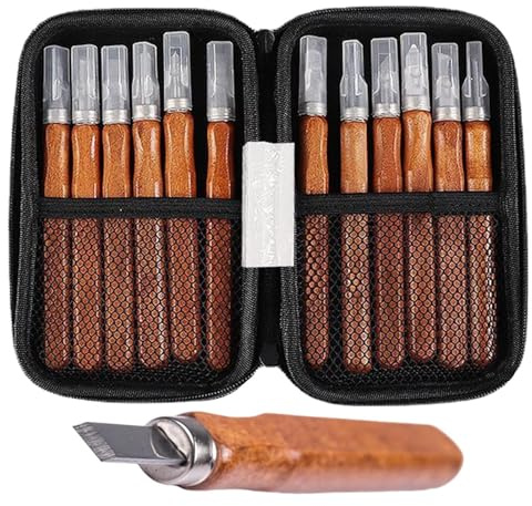 Juego De Herramientas Para Tallar Madera | Cinceles De Acero Al Carbono Para Tallar - 12 Piezas De Herramientas De Tallado Para Carpintería - Para Principiantes, Carpinteros, Grabadores, Artistas Y